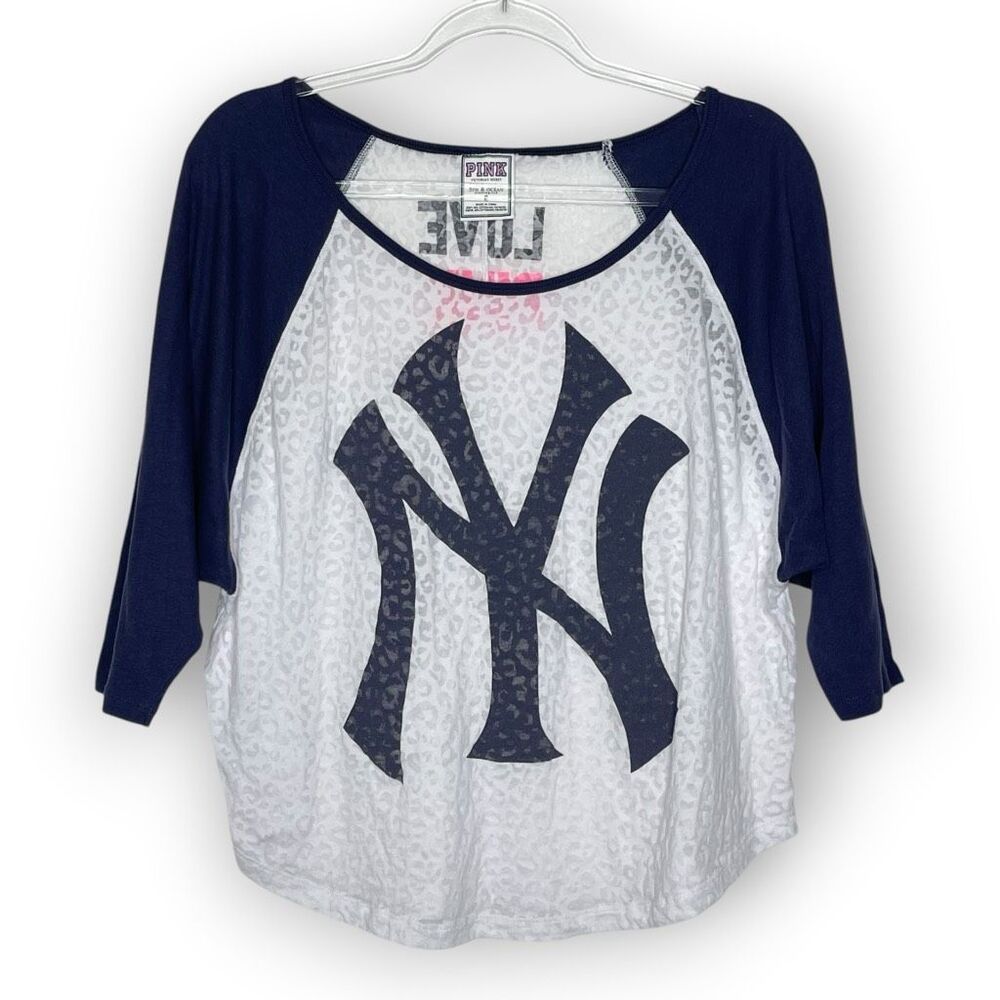 Victoria’s Secret Pink New York Yankees Top Baseball Tee Blue White Womens Small